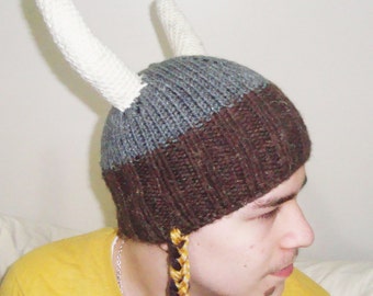 Hand Knit Hat Women Mens Hats with Viking Horns and Braid Gift for Him Her