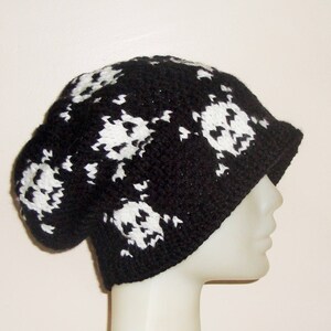 Hand Knit Skull Slouchy Beanie: Black & White Wool Blend