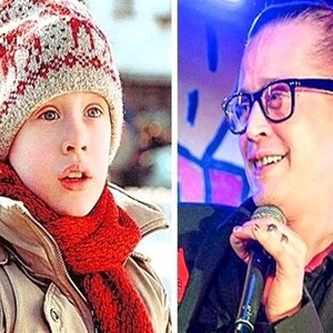 May include: A split image shows a young person in winter attire and an adult wearing glasses and holding a microphone. The child is wearing a red and white patterned hat and scarf, with a tan jacket. The adult is wearing glasses and a black jacket.