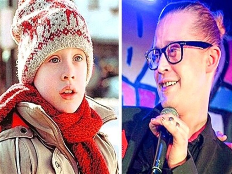 May include: A split image shows a young person in winter attire and an adult wearing glasses and holding a microphone. The child is wearing a red and white patterned hat and scarf, with a tan jacket. The adult is wearing glasses and a black jacket.