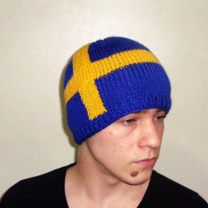 Sweden Swedish Flag Hat Beanie Winter Hand Knit Knitted for Teen Men Women&#39;s in Blue Yellow Swedish Gifts