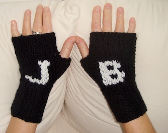 Custom Hand Knit Fingerless Gloves: Personalized Initial Letter Gloves, Two-Color Gifts