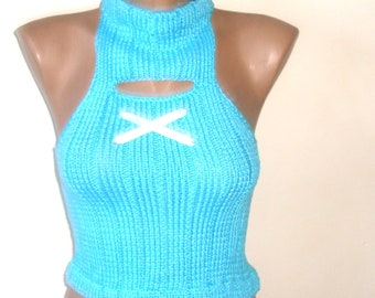 Hand knit turquoise crop top highneck halter custom viscose polyester blended summer yarn