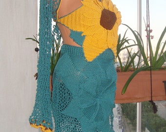 Sunflower Festival Clothing Women Top and Skirt Set, Dress outfit crochet sunflower gifts for her, teal green, yelow, brown