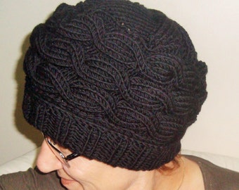 Black, wool hat women extra large hand knitted cable knit winter hat