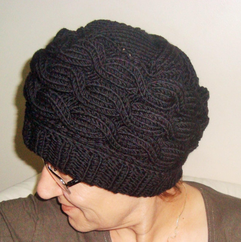 Black, wool hat women extra large hand knitted cable knit winter hat Black