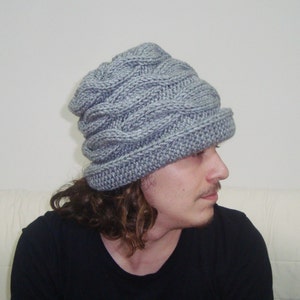 Hand Knit Cable Beret: Gray Wool Blend Winter Hat