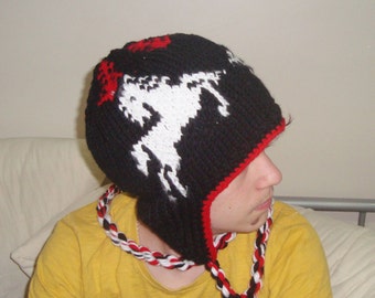 Hand knit hats mens womens winter earflap in black with white crazy horses winter ear flap hats for mens women gifts