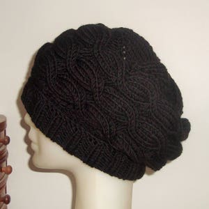 Black, wool hat women extra large hand knitted cable knit winter hat image 6