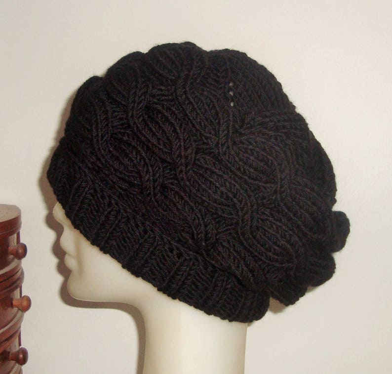 Black, wool hat women extra large hand knitted cable knit winter hat image 6