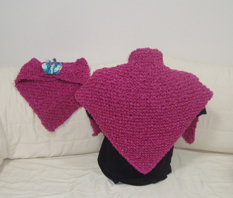 Mom and Daughter Scarf Shawl Magenta Matching Set of 2 with Blue Butterfly Pin Mommy Me gift triangle hand knit pink purple shawls image 5