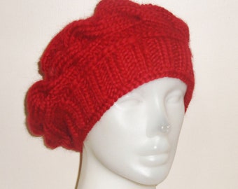 Hand Knitted Women's Winter Beret Beanie Hat in Red Cable Knit Gift for women Christmas gifts for mom