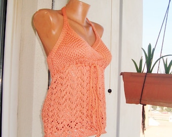 Peach Hand Knit Halter Top: Open Back Festival Clothing