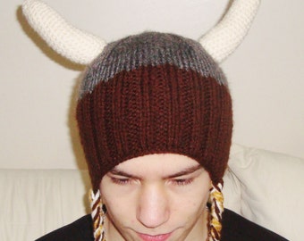 Hand Knit Viking Hat Adult Man Woman Winter in Gray, Brown, Cream Horns with braids hats