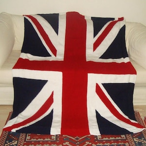 Manta Union Jack tricotada à mão, manta com a bandeira britânica, decoração para casa em vermelho, branco e azul.