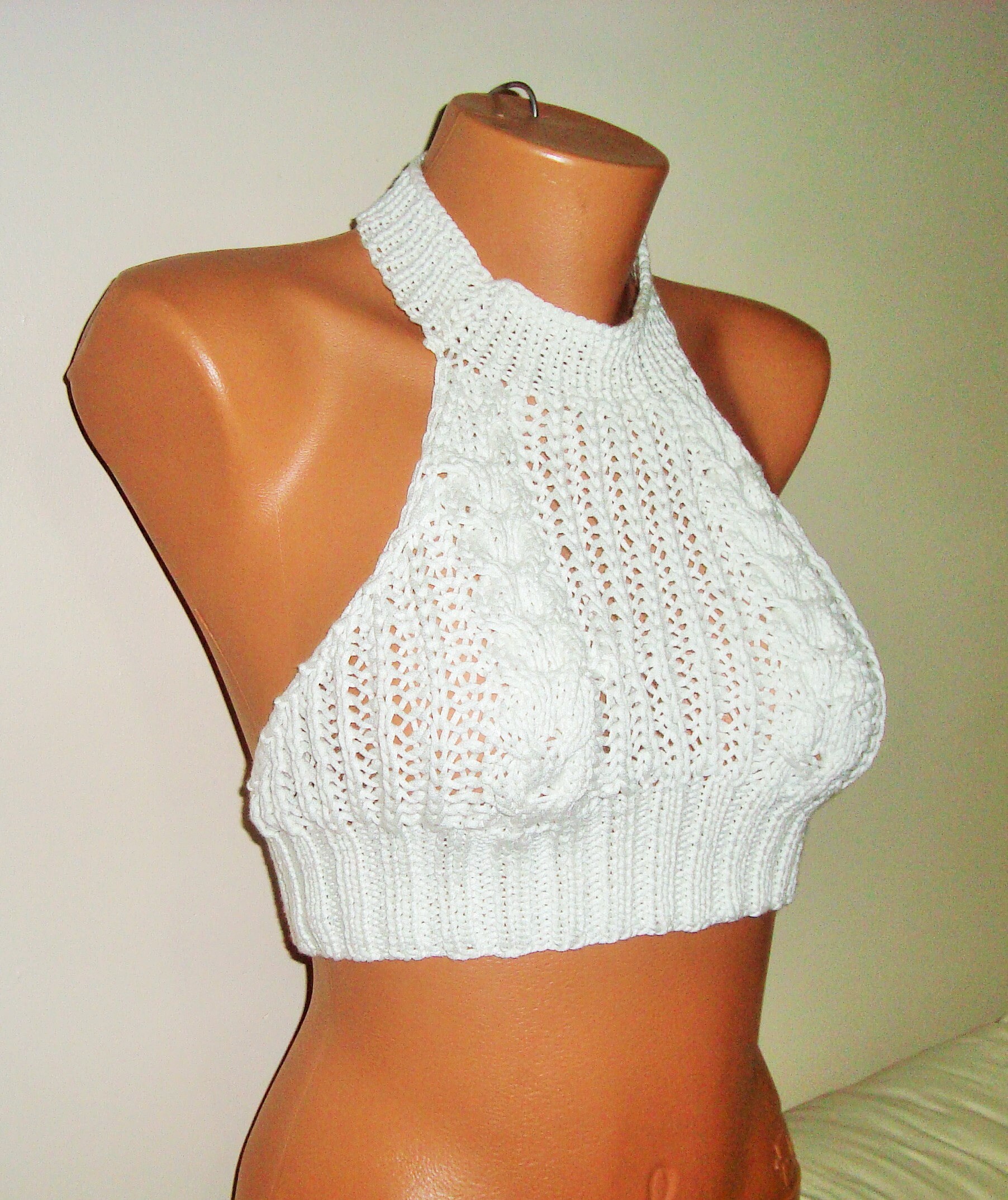 Knit Crop Top Boho Hippie White Knit Top Halter Top Etsy