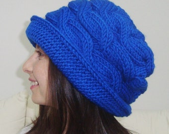 Hand Knit Women's Hat for Winter with Brim Brimmed Cloche Womens Hats, gift For women gifts royal blue Hand Knitted S, M, L, XL, 2xl