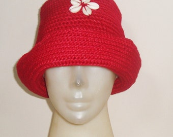 Women's Hats summer with Brim fedora, Crochet Hats for Woman summer Hats Cloche, women gift For Hers Red Crochet for small with Cowrie shell