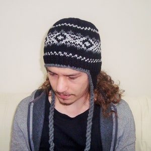 Wool Men's Hats winter Mens Hats with Ear Flaps in black, grey hand Knitted Hats, Men gifts for Him image 3