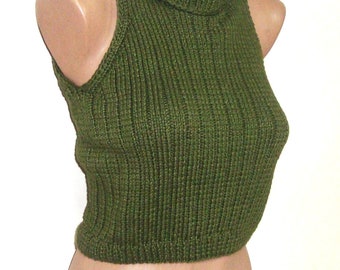 Moss Green Turtleneck Sleeveless Crop Sweater Womens mens Top M, Large XL rib ribbed hand knit t shirt blouse Knitted turtle neck for summer