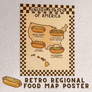 Hot Dog USA Map - Vintage Retro Lebensmittelposter