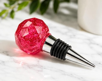 Handmade Ruby Red Resin Wine Stopper, Silver Leaf Detail, Stainless Steel Base, Gift Box