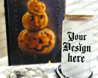 Frosted Glass Cup Mockup, Halloween Frosted Glass Cup Mockup, 16oz. Libby Glass Mockup, Mug Mockup, Blank Mug Mockup, Spooky Mockups