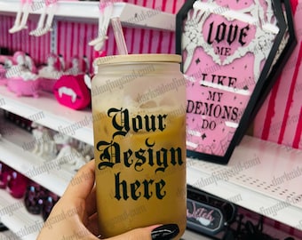 Frosted Glass Cup Mockup, Valentine's Mockup, Cold Coffee Cup Mockup, Goth Mockup, Spooky Drinkware Mockup, Valloween Mockup, Goth