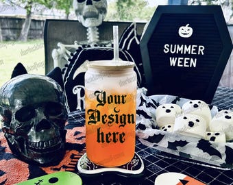 Summerween Mockup, Summerween glass cup mockup, Summer vibes mockup, libby glass cup mockup, Iced coffee cup mockup, mockups for iced coffee