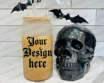 Frosted Glass Mockup, Spooky Cup Mockup, Halloween Glass Cup Mockup, Libby Glass Cup Mockup, Halloween Mockups, Sublimation Mockup