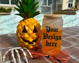 Summerween mockup, frosted glass cup mockup, pool mockup, drinkware mockup, Halloween vibes mockup, summer vibes mockup, libby cup mockup