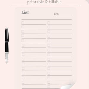 Puede incluir: Una plantilla de lista de verificación imprimible con el título "Plantilla de lista de verificación" y las palabras "imprimible y rellenable" debajo. La plantilla tiene una sección de lista con casillas de verificación y líneas para escribir, una sección de fecha y una sección de notas.