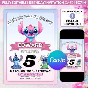 Editable Stitch Invitation Template, Printable Stitch Party Invite Template, Stitch Birthday Invite, Digital Stitch Birthday Girl Canva Edit