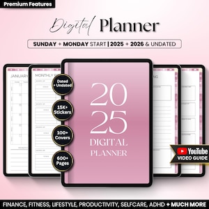 Op de afbeelding: Een roze en witte digitale planner met de tekst "2025 DIGITAL PLANNER" op de cover. De planner bevat meer dan 15.000 stickers, meer dan 100 covers en meer dan 600 pagina's. Hij is ontworpen voor een start op zondag en maandag en bevat niet-gedateerde opties voor 2025 en 2026.