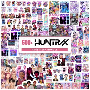 Puede incluir: Una colección de arte digital con varios personajes y diseños. La imagen incluye el texto "600+ HUNTR/X PNGS MEGA BUNDLE" en una pancarta rosa. La obra de arte muestra una variedad de estilos y colores, con muchas ilustraciones de personas.