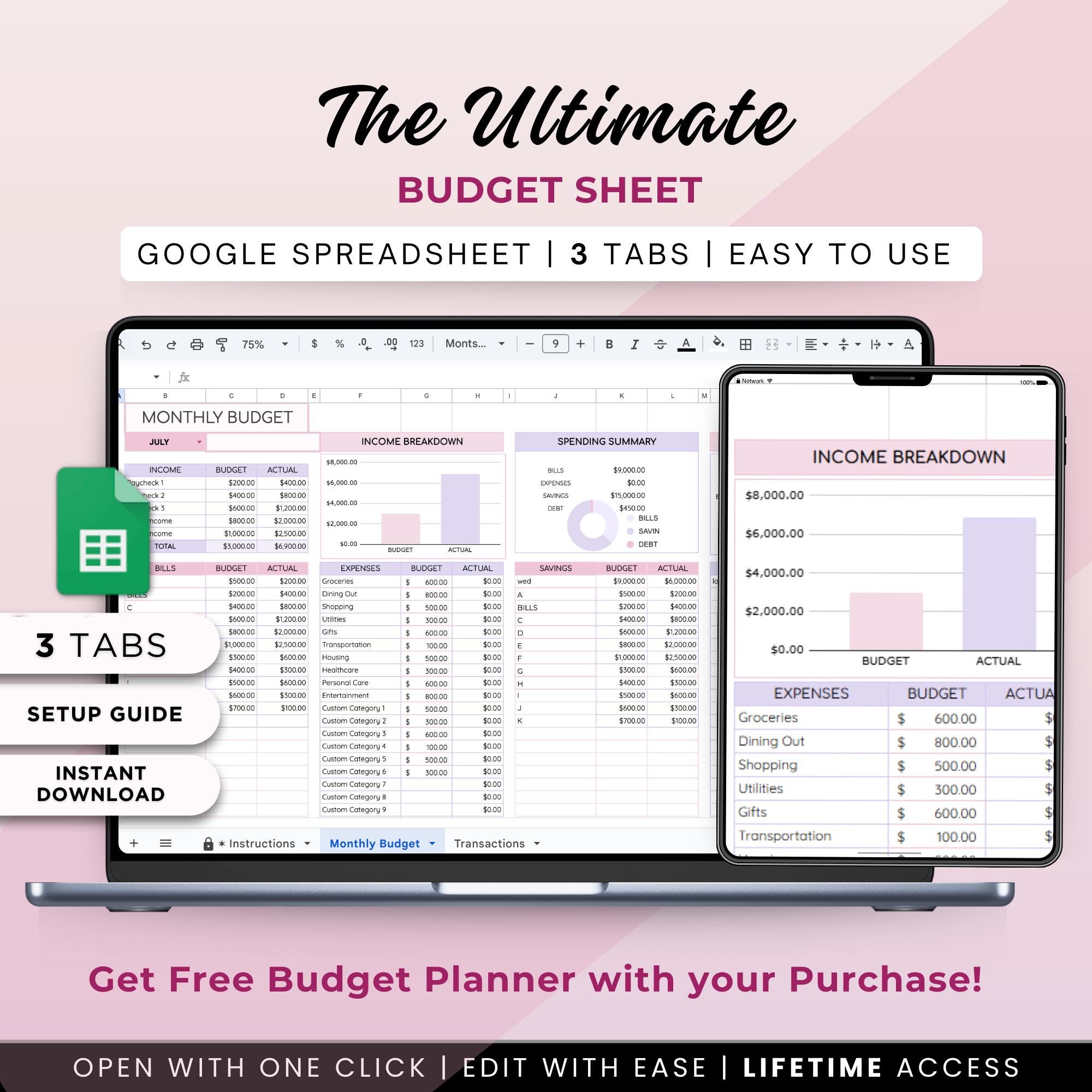 Google Sheets Budget Planner: Income & Expense Tracker (Digital Download)
