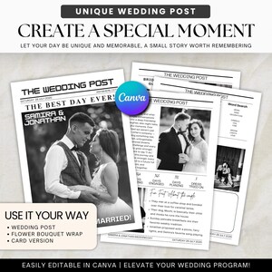 Puede incluir: Una plantilla de periódico con temática de boda con el titular "CREATE A SPECIAL MOMENT". El diseño incluye fotos de una pareja, texto y el logotipo de Canva. La plantilla es fácilmente editable para programas de boda.