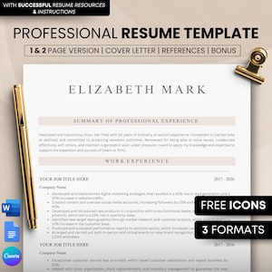 Könnte beinhalten: Eine professionelle Lebenslaufvorlage mit beigefarbenem Hintergrund. Die Vorlage enthält einen Abschnitt für eine Zusammenfassung der Berufserfahrung, Berufserfahrung und einen Abschnitt für kostenlose Symbole und 3 Formate. Der Text "ELIZABETH MARK" befindet sich oben auf der Seite.