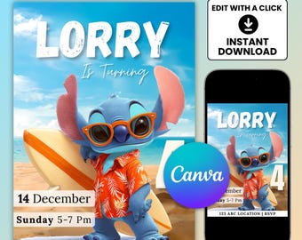 Invitación de cumpleaños editable de Lilo y Stitch / Invitación a fiesta tropical (5x7) (Plantilla de Canva)