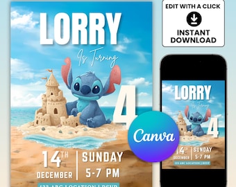Invitación de cumpleaños de Lilo y Stitch / Fiesta hawaiana editable (plantilla Canva de 13 x 18 cm)