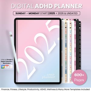 Pode incluir: Um planejador digital para 2025 e 2026 com um fundo degradê rosa e azul. O planejador é projetado para pessoas com TDAH e inclui mais de 600 páginas de modelos para finanças, fitness, estilo de vida, produtividade e bem-estar.