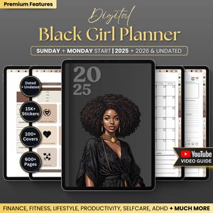 Black Woman Digital Planner 2025-2026: Undated, Stickers (Digital Download)