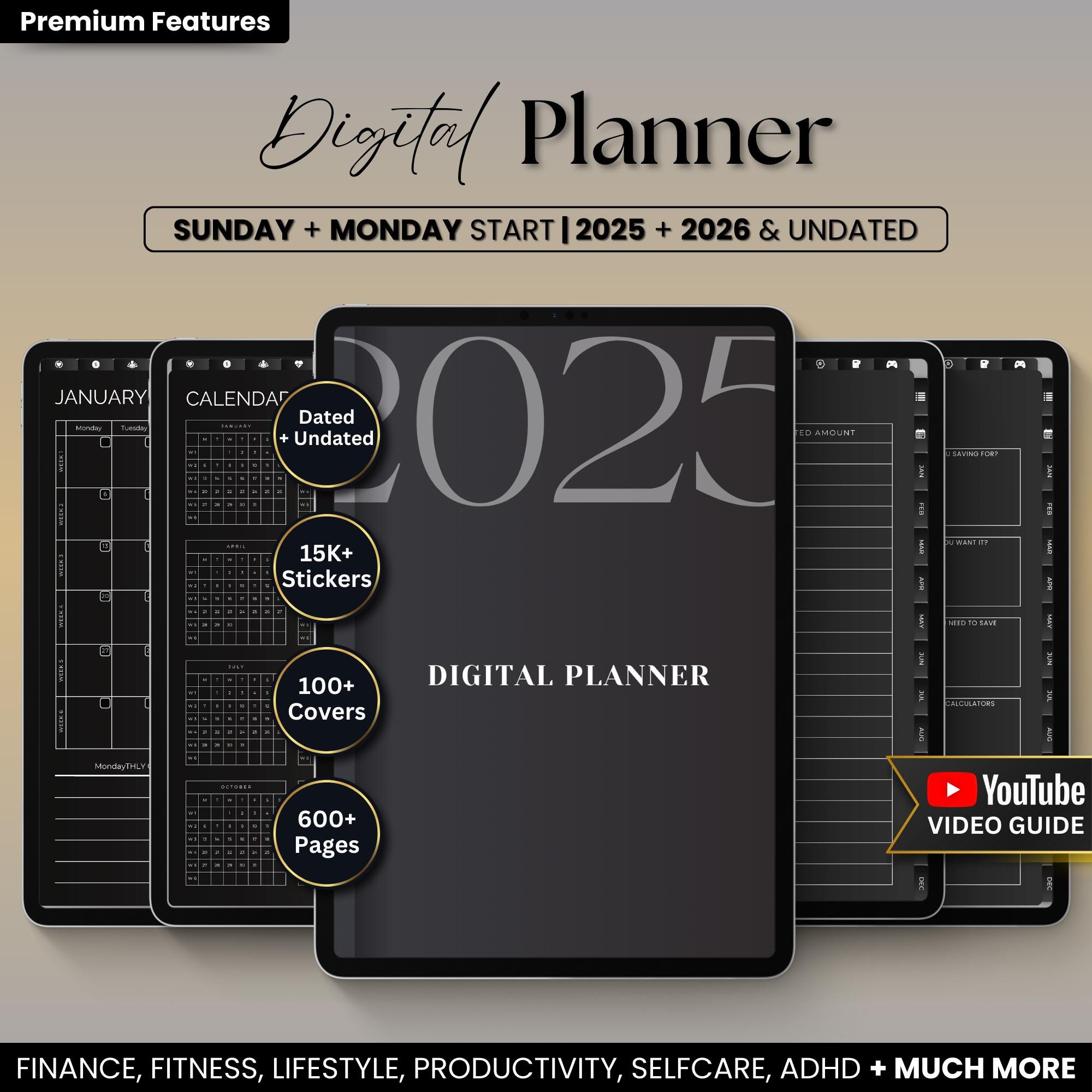 Dark Mode Digital Planner: 2025-2026 Undated iPad Goodnotes (digital ...