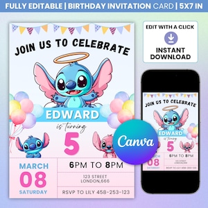 Editable Stitch Invitation Template, Printable Stitch Party Invite Template, Stitch Birthday Invite, Digital Stitch Birthday Girl Canva Edit