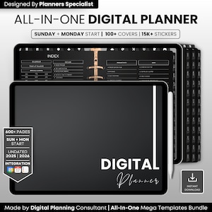 Digital planerare i mörkt läge: 2025-2026 Odaterad iPad Goodnotes (digital nedladdning)