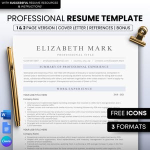 May include: A professional resume template with a blue and white colour scheme. The template includes a section for work experience, a summary of professional experience, and contact information. The text "FREE ICONS" and "3 FORMATS" is displayed in the upper right corner of the image.
