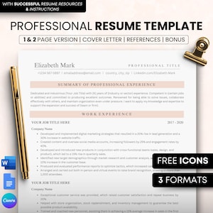 May include: A professional resume template with a pink background and a gold paperclip. The template includes sections for professional title, summary of professional experience, work experience, and references. The text "FREE ICONS" and "3 FORMATS" is displayed in the bottom right corner of the image.
