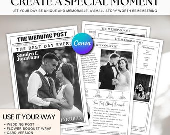 Plantilla de programa de periódico de bodas: Diseño editable en Canva (descarga digital)