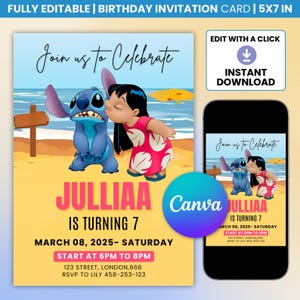 Lilo and Stitch Birthday Invitation: Editable Canva Template (5x7 in, Digital Download