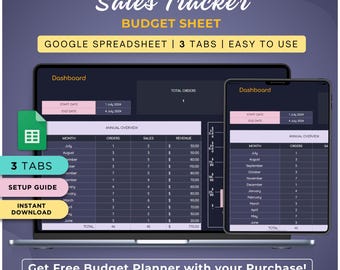 Może przedstawiać: Zrzut ekranu szablonu arkusza kalkulacyjnego Google Sheets do śledzenia sprzedaży. Szablon zawiera trzy karty: Panel sterowania, Roczny przegląd i Przewodnik konfiguracji. Arkusz kalkulacyjny został zaprojektowany, aby pomóc użytkownikom w śledzeniu sprzedaży, zamówień i przychodów. Szablon jest łatwy w użyciu i można go pobrać natychmiast.